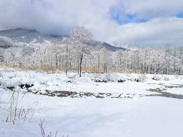 *［冬のいもり池イメージ］新緑はもちろん雪景色の妙高山もステキです！